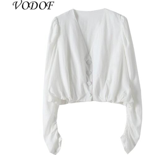 VODOF Blouse Shirt for Women Fashion Short Sleeve V Neck Casual Office Lady White Shirts Tops Japan Korean Style