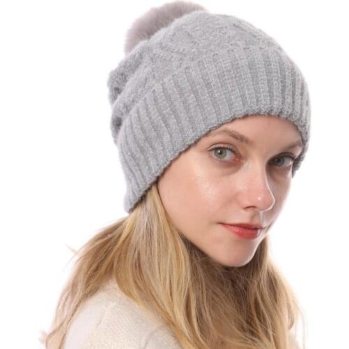Womens autumn and winter New Fashion fleece-lined chenille soft knitted hat jacquard big fur ball warm wool hat