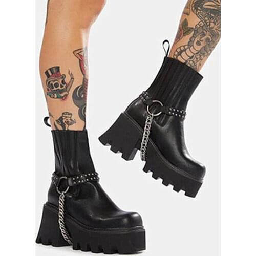 New Style Platform Ladies Motorcycle Boots Fashion Metal Chain Autumn Winter Black Short Boots Women Round Toe Zipper Shoes