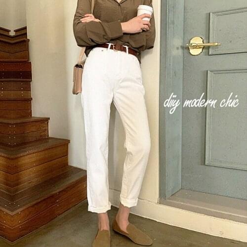 2021 White Jeans Womens Quarter High Waist Straight Tube Loose Autumn New Korean Version Slim Harlan Beige Versatile Pants
