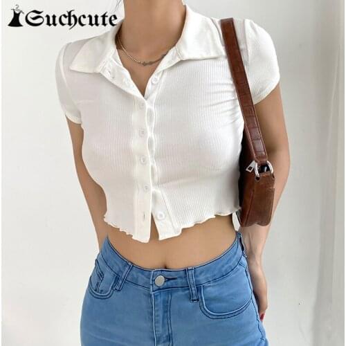 SUCHCUTE 2021 Summer Short Sleeve Button Up Crop Shirt Ladies Turn-down Collar Solid White Tee Shirt Casual Basic Outfits