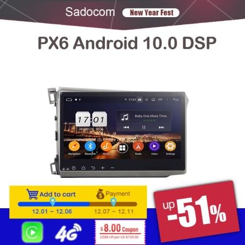 DSP PX6 10.1" TDA7851 Android10.0 4GB RAM 8 Core 64G Car DVD Player For Honda CIVIC 2012-2015 GPS map RDS autoradio car radio