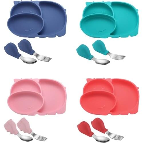 Baby Feeding Bowl Spoon Fork Set Anti Slip Silicone Suction Divided Plate Tray Utensil BPA-Free Training Dishes Tableware for To