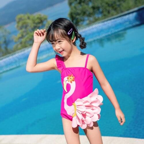 Girls One Piece Swimwear Sleeveless Birdie Three-Dimensional Printing Frilled Beach Swimsuit with Swim Cap Pink Bathing Suit