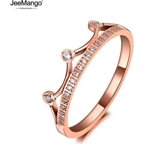 JeeMango Trendy OL Style Stainless Steel Rhinestone Crown Ring Jewelry Rose Gold CZ Crystal Wedding Ring For Women JR19137