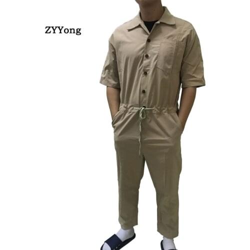 Summer Lapel Short Sleeve Mens Jumpsuit Loose Hip-Hop Style Streetwear Overalls Trousers Casual Comfortable Khaki Black Pants