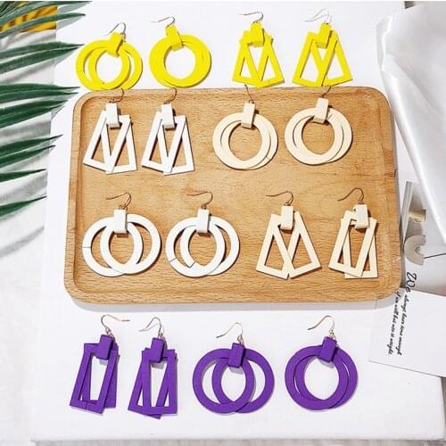 Korean Double Layer Wood Drop Earrings For Women Yellow Purple White Geometric Round Square Dangle Earrings Girls Jewelry Gift