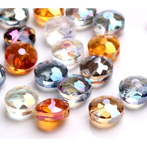 ZHUBI 10pcs Plated Glass Round Stone Beads 14mm Faceted Crystal Flat Beads DIY Jewelry Crafts Material Findings Fit Bracelet