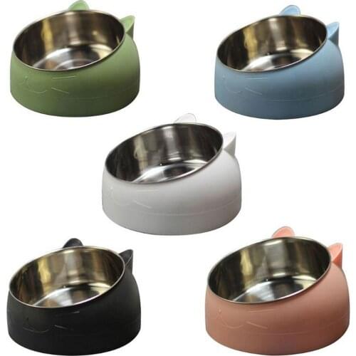 Cat Dog Bowl 15 Degrees Tilted Stainless Steel Cat Bowl Safeguard Neck Puppy Cats Feeder Non-slip Crashworthiness Base Pet Bowls