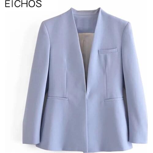 Fashion Office Ladies Blazers Collarless Women Blazer Femenino Hidden Button Welt Pockets Female Casual Outerwear