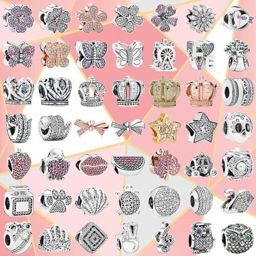 New Fashion High Quality 100% Sterling Silver Original Crown Flower Butterfly Star Charm Romantic Diy Jewelry Gift For Women