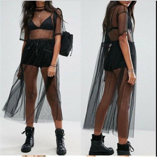 2019 Newest Hot Women Cover-Up See Through Gauze Mesh Sheer Short Sleeve Solid Tulle Lace Loose Bathing Swimming Wear Fashion