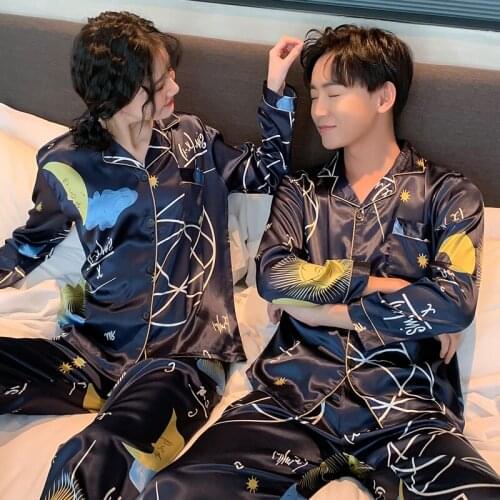 Couple Pajamas Set Plus Size Silk Sleepwear Set Men Home Long Sleeve &Pants Lovers Pyjamas Loose Elastic Silk Women Pajamas Set