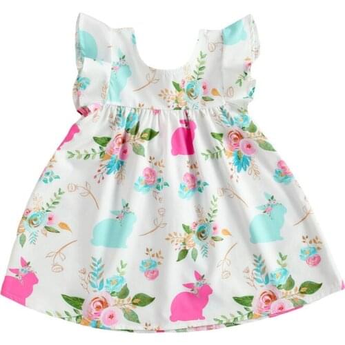 Toddler Baby Girls Dress Cartoon Bunny Flower Print Flying Sleeve Dress Kids Children Clothing