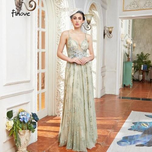 Finove Light Green Prom Dresses 2020 Tulle Deep V-Neck Sleeveless Spaghetti Strap Backless Long Dresses Vestidos Elegantes