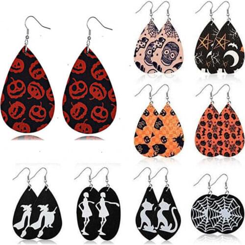 Earrings Teardrop Leather Hook Boho Halloween Pumpkin Chic Ear Skull Dangle Drop
