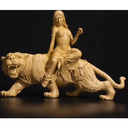 14cm Beauty Riding Tiger Sculpture Room Decoration Boxwood Figure Solid Wood Statue Home Decor