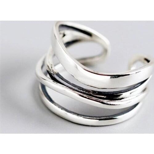 WYEAIIR 925 Sterling Silver Geometric Lines Retro Winding Cross Female Resizable Opening Rings