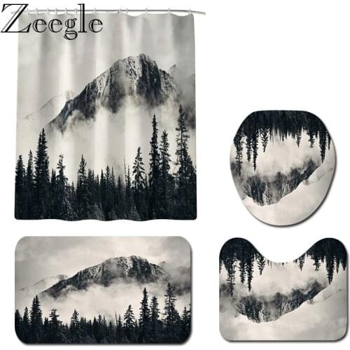 Shower Curtain Bathroom Curtain Landscape Printed Bath Mat Set Anti-slip Bathroom Shower Mat Absorbent Soft Toilet Pedestal Rug