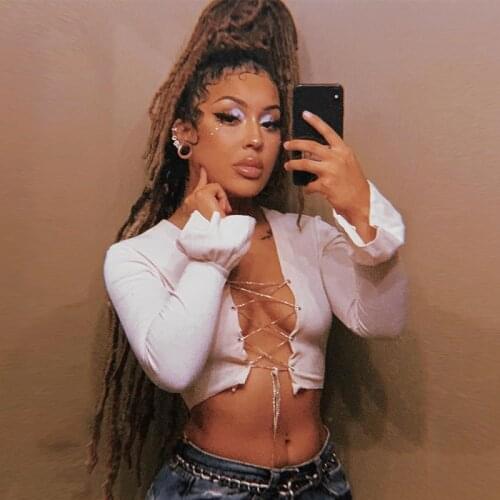 Women 2021 Diamond Lace Up Chain T-Shirt Long Sleeve Crop Top Winter Fall Sexy Night Club Party Cloth Christmas Streetwear Sexy