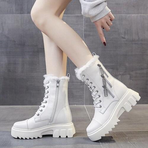 Womens Autumn Winter New Leather White Snow Boots Female Thick Sole Fashion Waterproof Booties Plush Warm thick cotton shoes