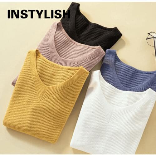 Women Autumn Winter Long Sleeve V Neck Knitted Sweater Vintage Solid Simple Pullover Korean All-match Chic Jumper Harajuku Tops
