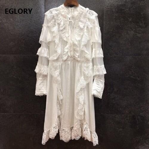 High Quality Designer Runway Dress 2020 Spring Women Ruffle Lace Embroidery Patchwork Long Sleeve White Black Dress Vestidos