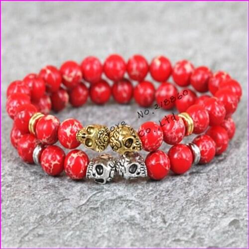 2pcs 2017 new fashion 8mm beads bracelet gold/silver color skull head red regalite Lava stone beads mens bracelet