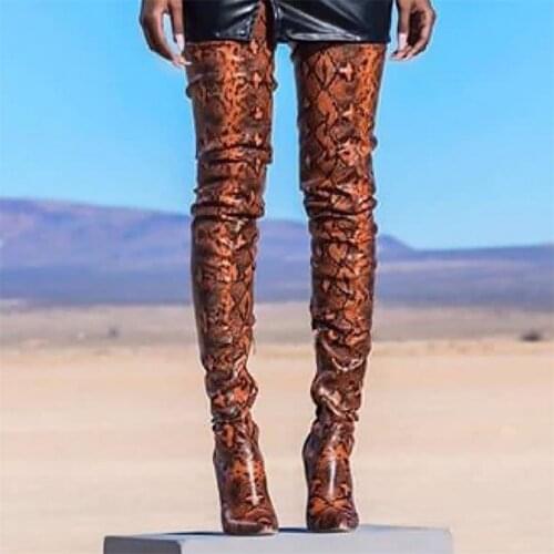 2019 Womens Leopard Leather Over Knee Boot Dress Motorcycle Boots Woman Thigh High Boots Winter Shoe Snow Boot High Heel Shoes