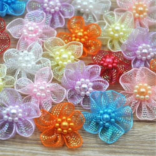 40pcs Organza Ribbon Flowers Bows w/Beads Appliques Wedding Craft A11