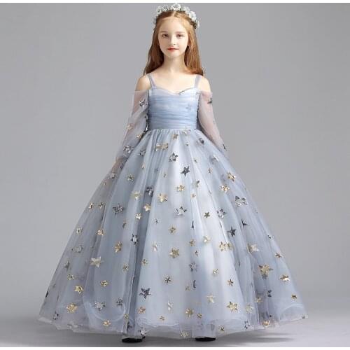 Fairy Gray Flower Girls' Dresses Ball Gown Long Sleeves Soft Tulle with Stars Embroidery 2021 New Arrival