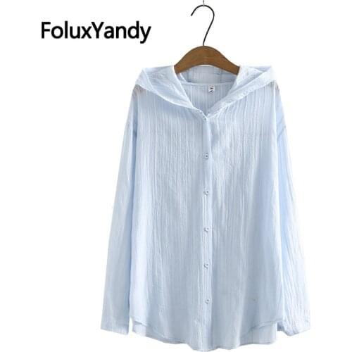 Cotton Summer Shirt Women Long Sleeve Shirts Plus Size Casual Hooded Solid Loose Blouse Chemise KKFY5606