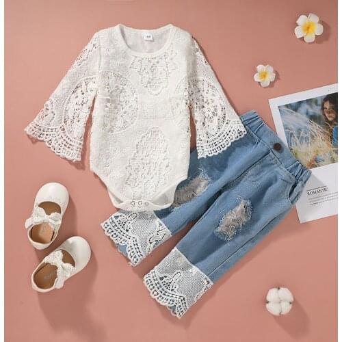 New Fashion 0-24M Baby Girls Fall Clothes Long Sleeve Lace Romper Suit Triangle Crotch Lace Top Hole Long Jeans 2Pcs Outfit Set