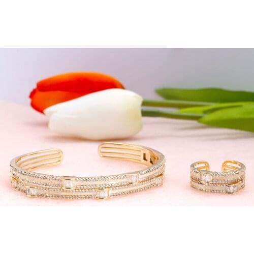 TIRIM 2021 Exquisite Shell CZ Bangle Ring Sets for Women Cuff Bracelet Fashion Jewelry Party Office Daily Charm Dubai Jewellry