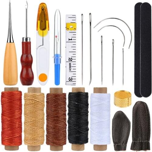 LMDZ 50M 150D Flat Leather Waxed Thread Wooden Handle Cone Hook Head Awl Stitching Needles Seam Ripper Scissors for Leather DIY