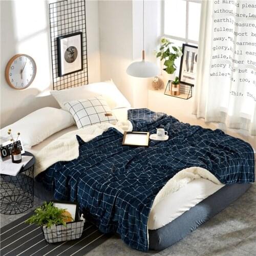 Mens Style Navy Blue Plaids Double Layers Sherpa Blanket Throw Plush Warm Sleeping Blanket for Autumn Winter Plaids Blanket
