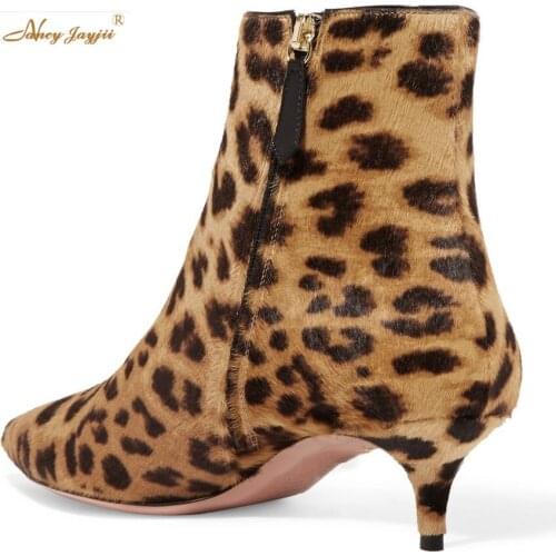 Quant Leopard-print Calf Hair Ankle Thin Heels Sexy Suede Ankle Boots Woman Side Zipper Autumn Winner Party Korean Shoes Women