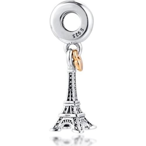 Fits for Pandora Charms Bracelets Eiffel Tower Beads with Golden Heart 925 Sterling Silver Jewelry Free Shipping