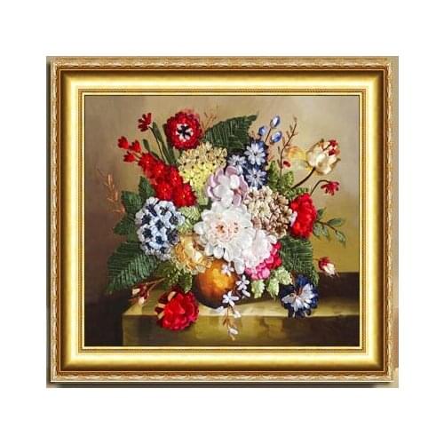 Needlework,DIY Ribbon Cross stitch Set for Embroidery kit,table vase flower floral ribbon Cross-Stitch handwork home wall decor