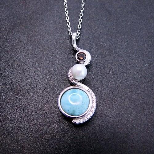 Silver Charm Pendant 100% 925 Sterling Silver Natural Larimar & Pearl & CZ Long Drop Womens Wave Pendant Necklace For Gift