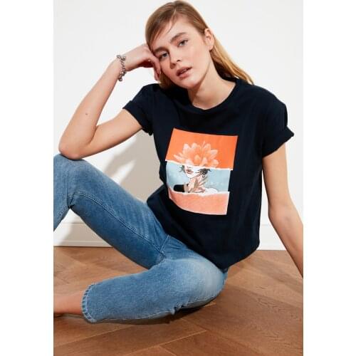 Navy Blue Printed Semifitted Knitted T-Shirt 2021 New Season New Style Summer Fashion Tops Female Casual Cotton Tee