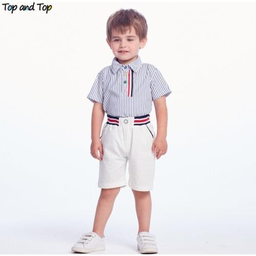 Top and Top Summer Fashion Kids Boy Gentleman Clothes Set Short Sleeve Striped Shirt+White Pants Formal Set Shorts Set
