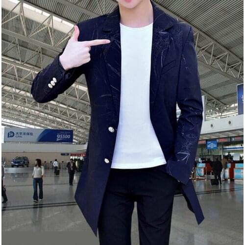 Spring fashion long suits mens korean nightclubs coats british mens clothing men printing suit black white plus size M - 3XL