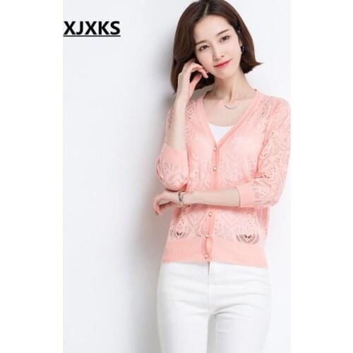 XJXKS new 2021 spring and summer hollow knit cardigan outside thin sun clothing outside the air-conditioned shirt