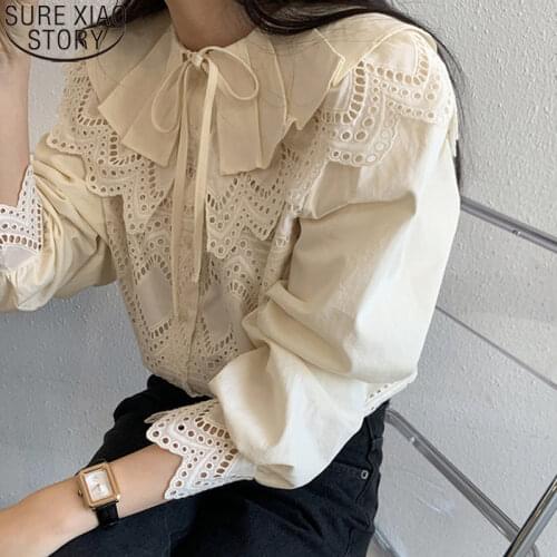 Sweet Korean Embroidery 2021 Spring Hollow Out Tops Lace Blouse Vintage Long Sleeve Shirt Women Doll Collar Bow Blouses 12717