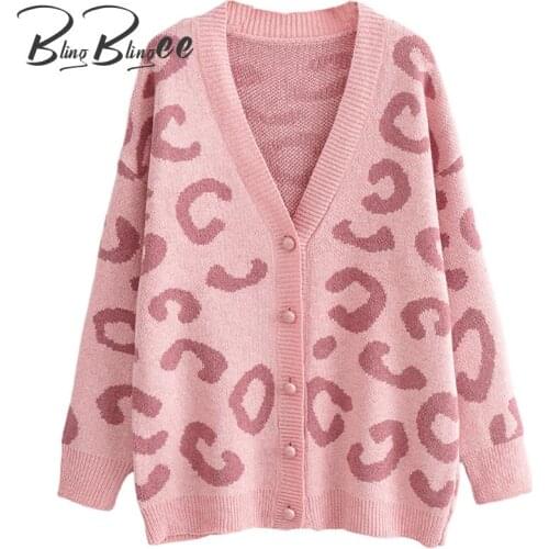 BlingBlingee Za 2021 Autumn Winter Woman Casual Sweater Jacket Traf Drop Shoulder Loose Pink Leopard Knit Cardigan Female Tops