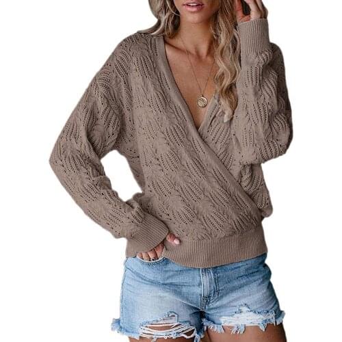 Women Sweaters Deep V Neck Wrap Sweater Long Sleeve Crochet Knit Hollow Pullover Jumper Solid Color Hollow Soft Sweaters Women