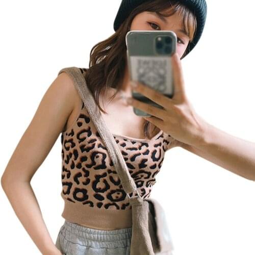 Womens Square Neck Leopard Color Halter Exposed Navel Knitted Summer Camisole Vest
