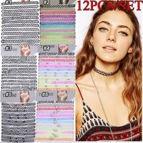 12 Pcs/Set Fashion Fishline Tattoo Black Chokers Necklace Elastic Vintage Gothic Punk Hippy Hollow Chocker Women Jewelry Gifts