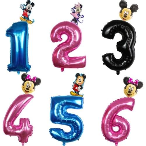 2Pcs Mickey Minnie Mouse Foil Balloon Number Latex Balloons Baby 1 2 3 4 5 6 7 8 9st Birthday Party Decoration Kids Toy Globos